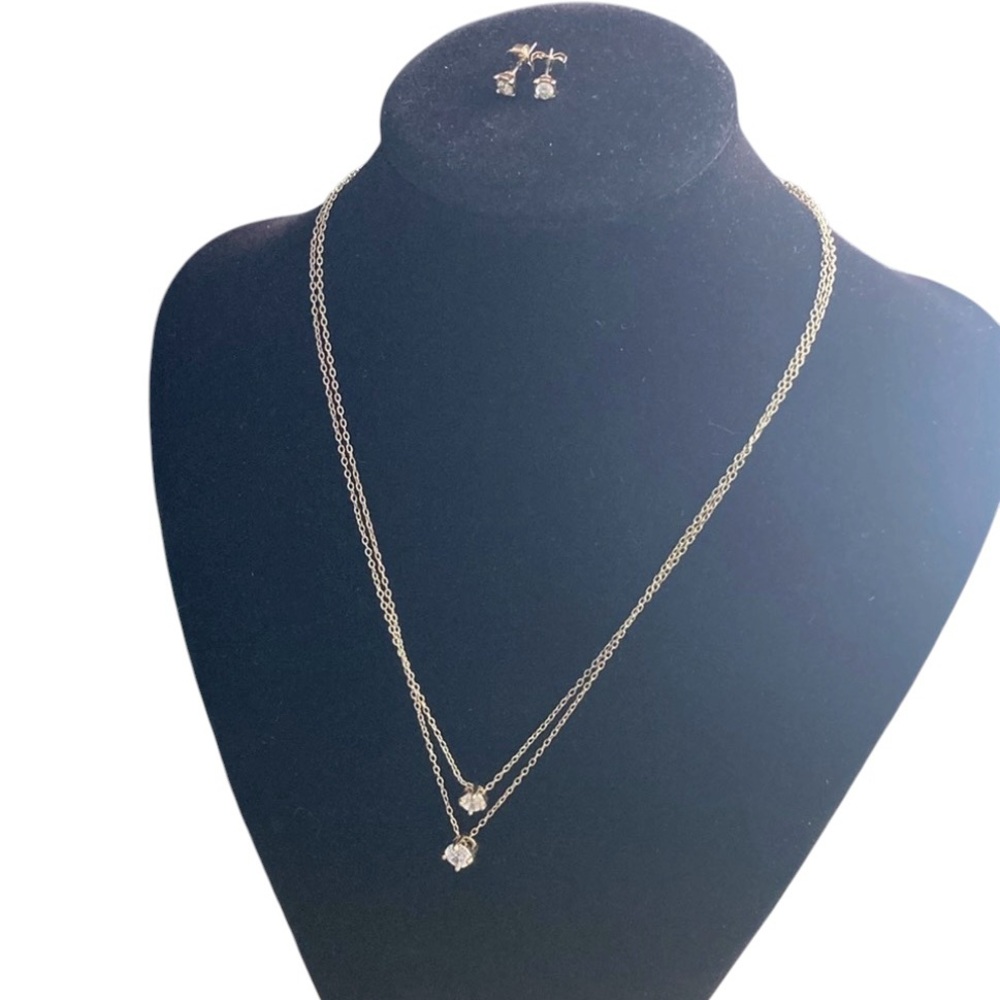 Minimalist Gold Layered Solitaire Necklace & Stud Earrings Set | Double Chain CZ